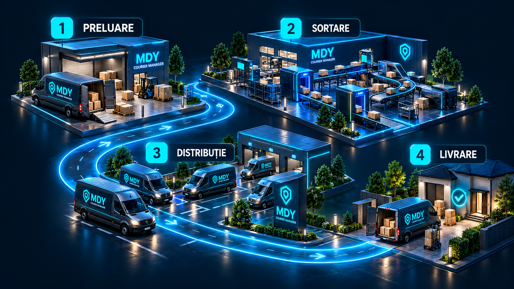 Flux curierat 3D: preluare, sortare, distribuție și livrare