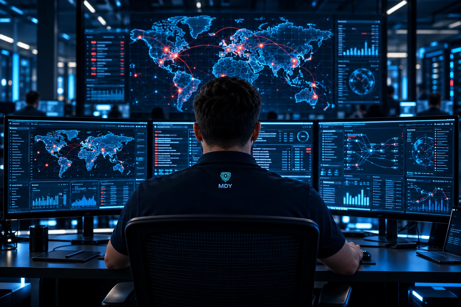 Specialist MDY urmărește panouri de monitorizare a securității rețelei într-un centru SOC