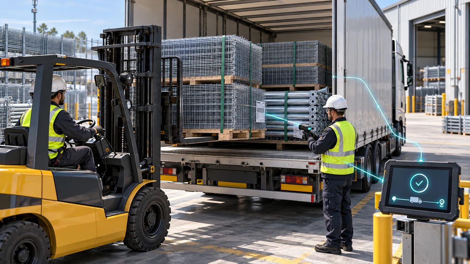 Încărcarea camionului cu panouri și produse scanate pentru expediție